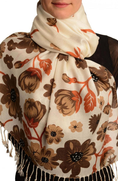 Brown Large Flowers On White Pashmina Feel With Tassels