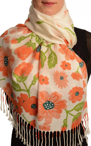 Orange Large Flowers On White Pashmina Feel With Tassels