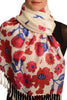 Red Large Flowers On White Pashmina Feel With Tassels