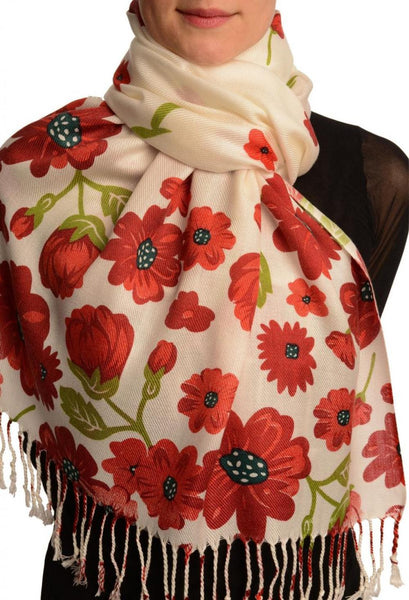 Burgundy Large Flowers On White Pashmina Feel With Tassels