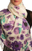 Purple Large Flowers On White Pashmina Feel With Tassels