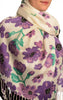 Purple Large Flowers On White Pashmina Feel With Tassels