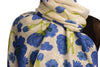 Blue Large Flowers On White Pashmina Feel With Tassels