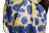 Blue Large Flowers On White Pashmina Feel With Tassels