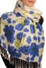 Blue Large Flowers On White Pashmina Feel With Tassels