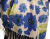 Blue Large Flowers On White Pashmina Feel With Tassels