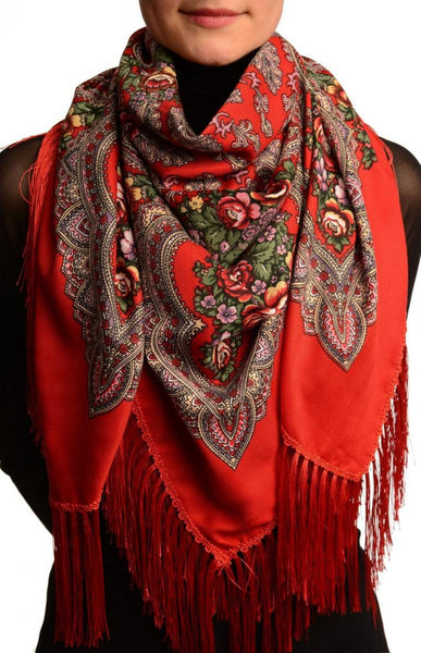 Red "Plyaski" Slavonic Russian Folk Style Shawl