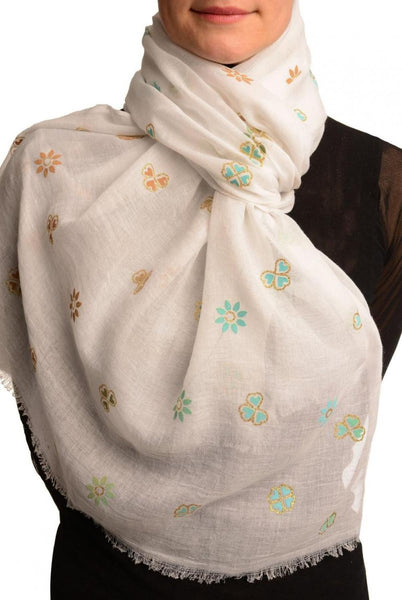 Printed Clover With Gold Lurex On White Unisex Scarf