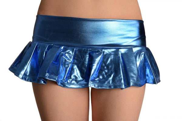 Blue Faux Leather Pleated Mini Skirt