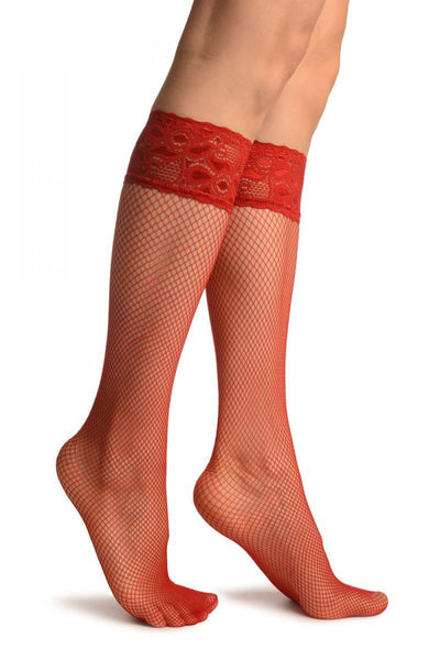 Red Fishnet With Silicon Lace Socks Knee High