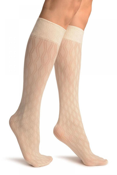 Cream With Double Rhomb Socks Knee High