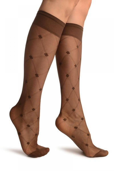 Brown With Woven Mesh & Clover Socks Knee High