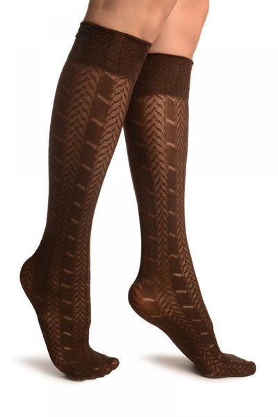 Brown With Woven Chevrons Socks Knee High