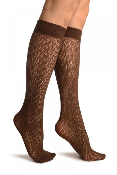 Brown Crochet Lace Stripes Socks Knee High