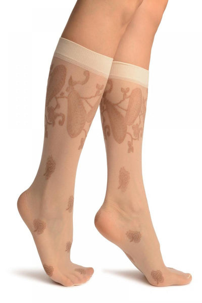 Cream With Large Paisley & Clover Socks Knee High