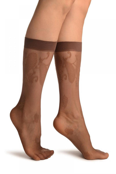 Brown With Large Paisley & Clover Socks Knee High