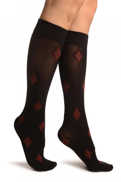 Black With Red Rhombs Socks Knee High