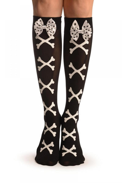 Black With White Crossbones & Satin Bow Socks Knee High
