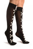 Black With White Crossbones & Satin Bow Socks Knee High