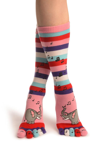 Printed Singing Elephants On Striped Pink Toe Socks