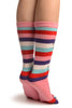 Printed Singing Elephants On Striped Pink Toe Socks