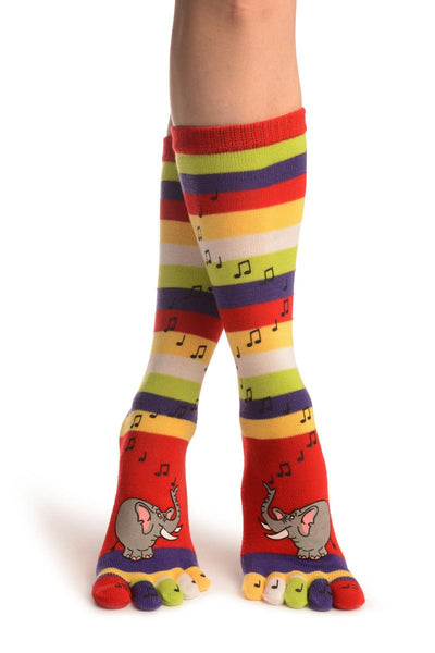 Printed Singing Elephants On Striped Red Toe Socks