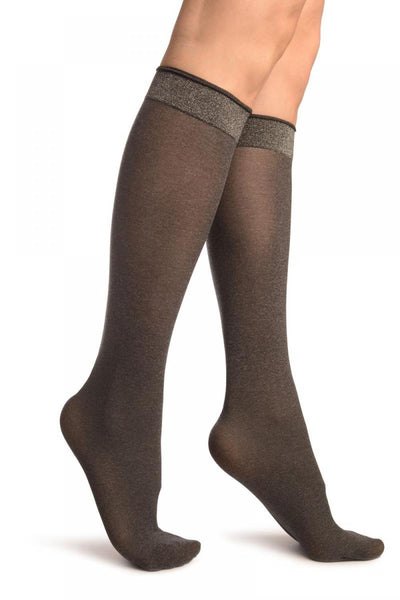 Dark Grey With Silver Lurex Elasticated Top Socks Knee High