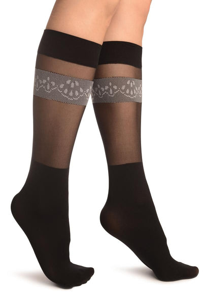 Black With Transparent Top & Floral Stripe Socks Knee High