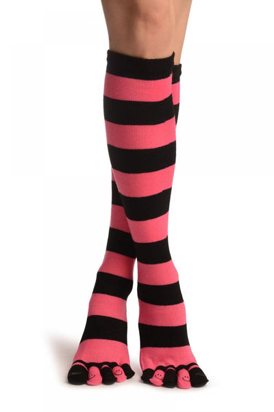 Light Pink & Black Stripes & Printed Smiles Knee High Toe Socks