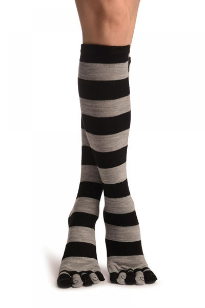 Grey & Black Stripes & Printed Smiles Knee High Toe Socks