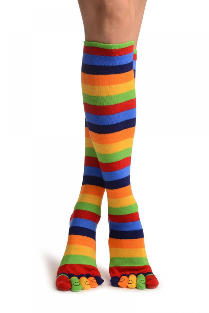 Red, Green & Blue Stripes & Printed Smiles Knee High Toe Socks