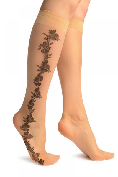 Nude With Black Woven Flowers Seam Socks Knee High