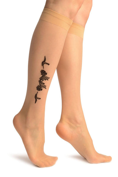 Nude With Black Woven Carnation Flowers Socks Knee High