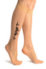 Nude With Black Woven Carnation Flowers Socks Knee High