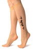 Nude With Black Woven Carnation Flowers Socks Knee High