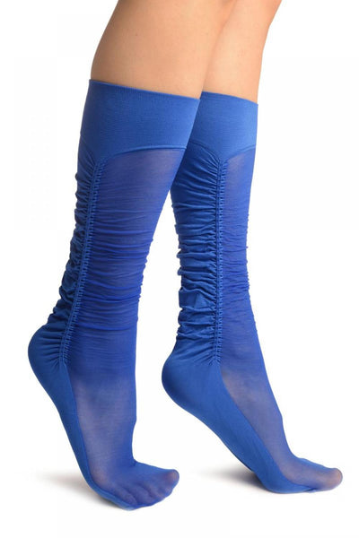 Cobalt Blue Sheer & Opaque Sides Socks Knee High