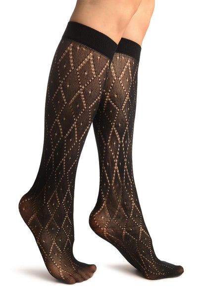 Black Crochet Rhombs Socks Knee High