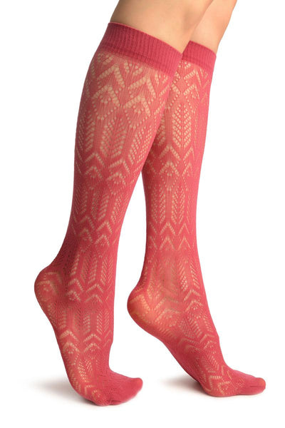 Red Crochet Rhomb & Plait Socks Knee High