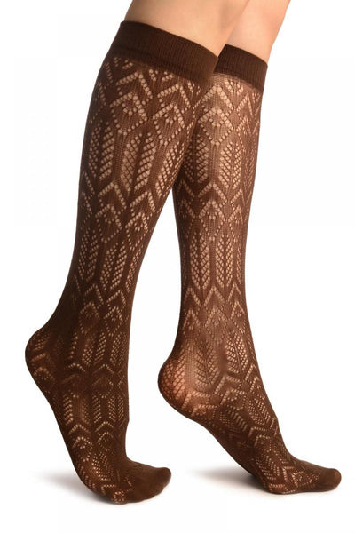 Brown Crochet Rhomb & Plait Socks Knee High