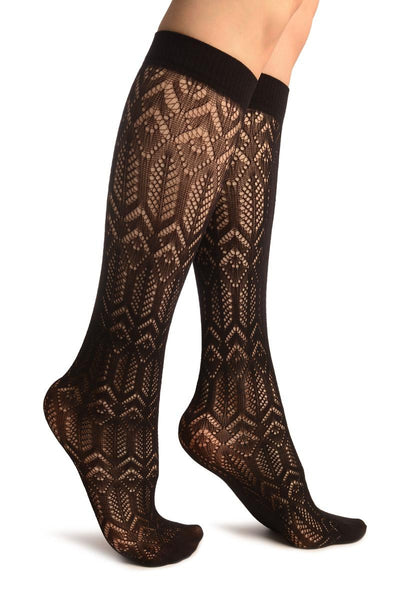 Black Crochet Rhomb & Plait Socks Knee High