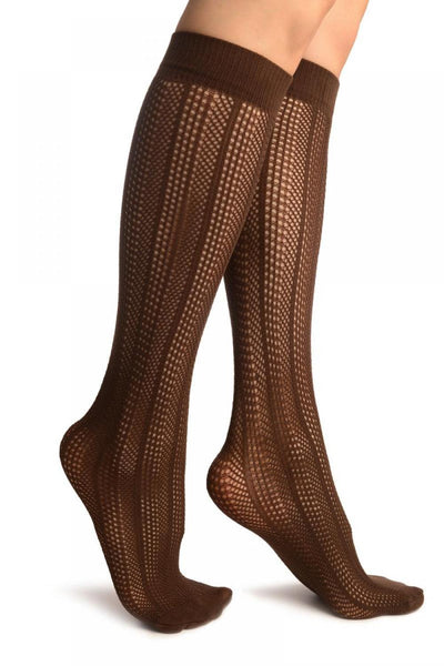 Brown Crochet Stripes Socks Knee High