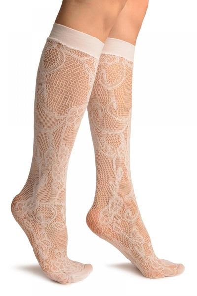 White Violet Flowers Lace Socks Knee High