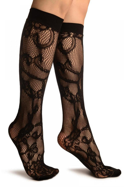 Black Violet Flowers Lace Socks Knee High