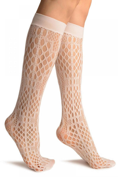 White Medium Wavy Mesh Lace Socks Knee High