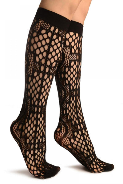 Black Medium Wavy Mesh Lace Socks Knee High