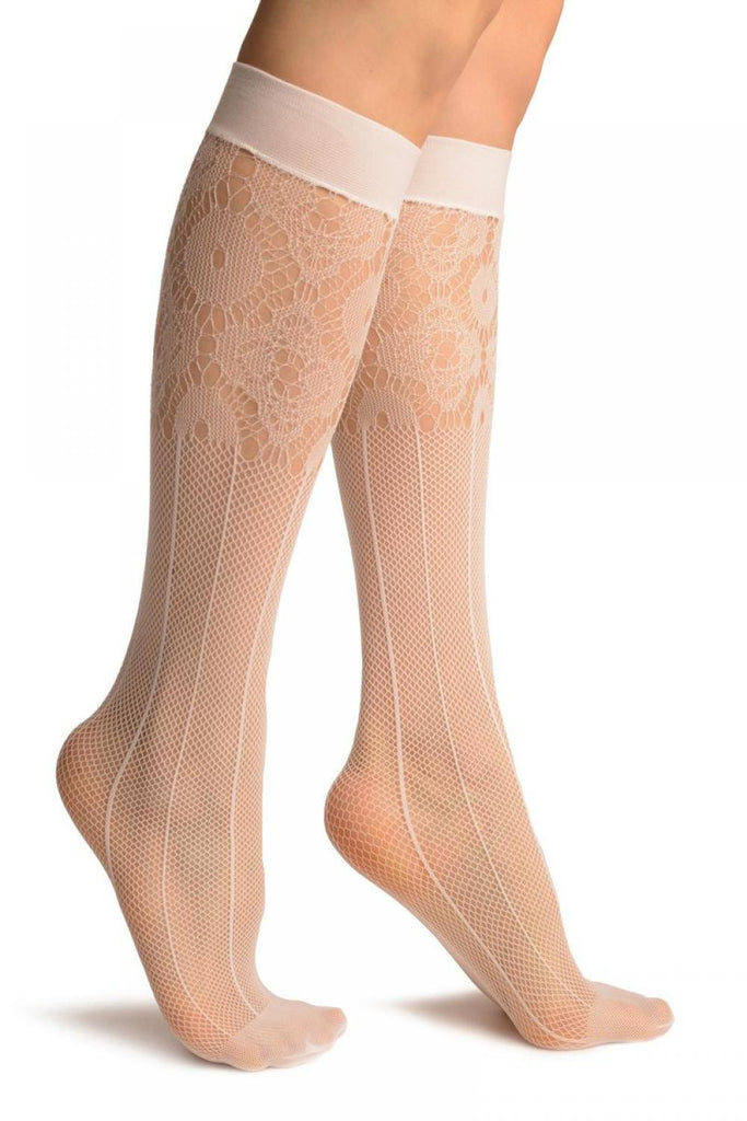 White Pinstriped Mesh Socks Knee High