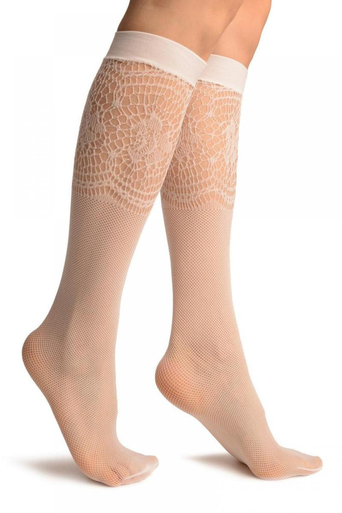 White Fishnet With Crochet Socks Knee High