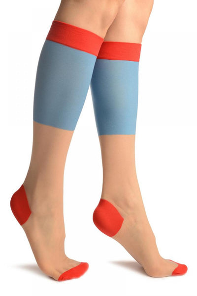 Beige & Blue With Red Trim Socks Knee High