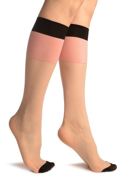Beige & Pink With Black Trim Socks Knee High