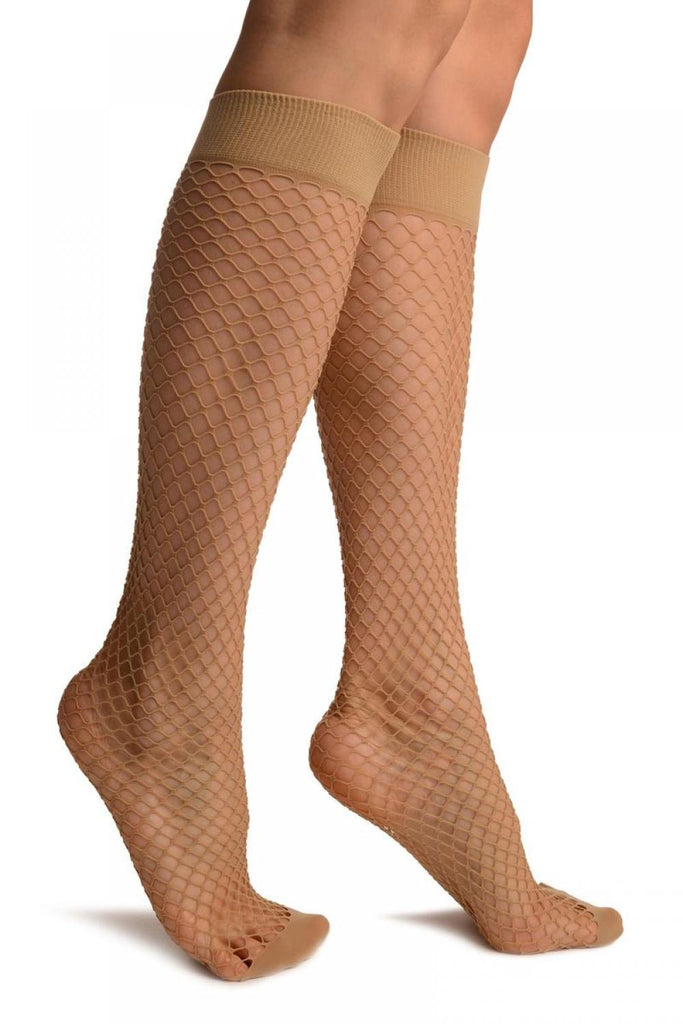 Beige Fishnet With Wide Top & Opaque Toe Knee High Socks